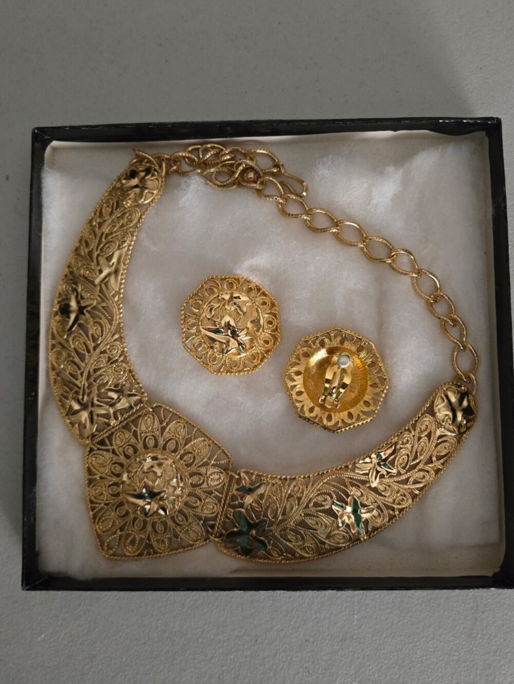 Filigree Gold-Tone Statement Necklace with Matching Clip-On Earrings - Gold